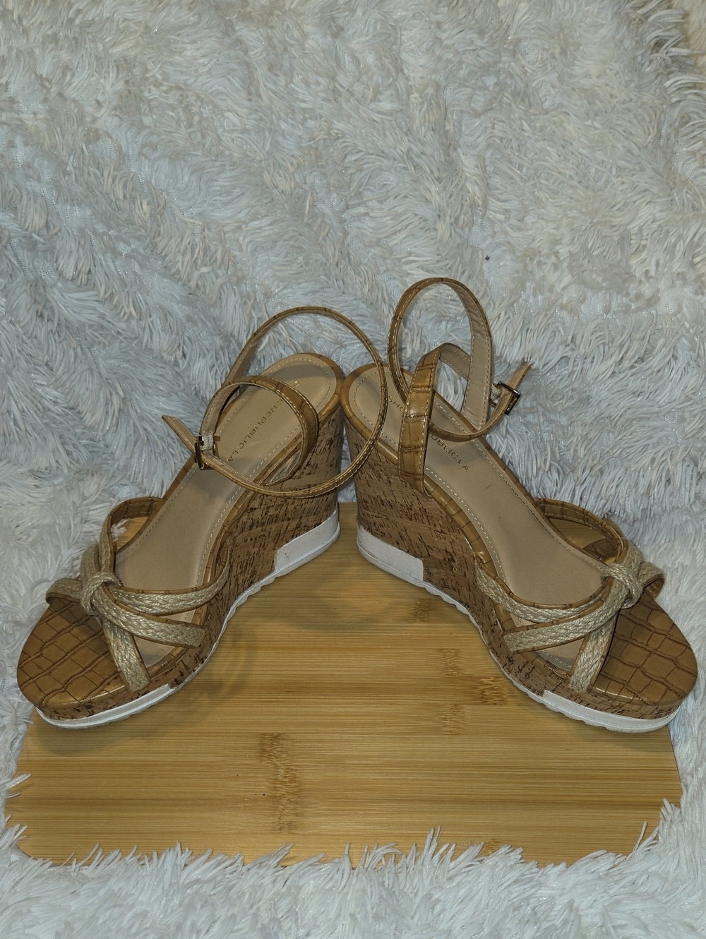 Shoe Republic LA Gold Braided Cork Wedge Sandals